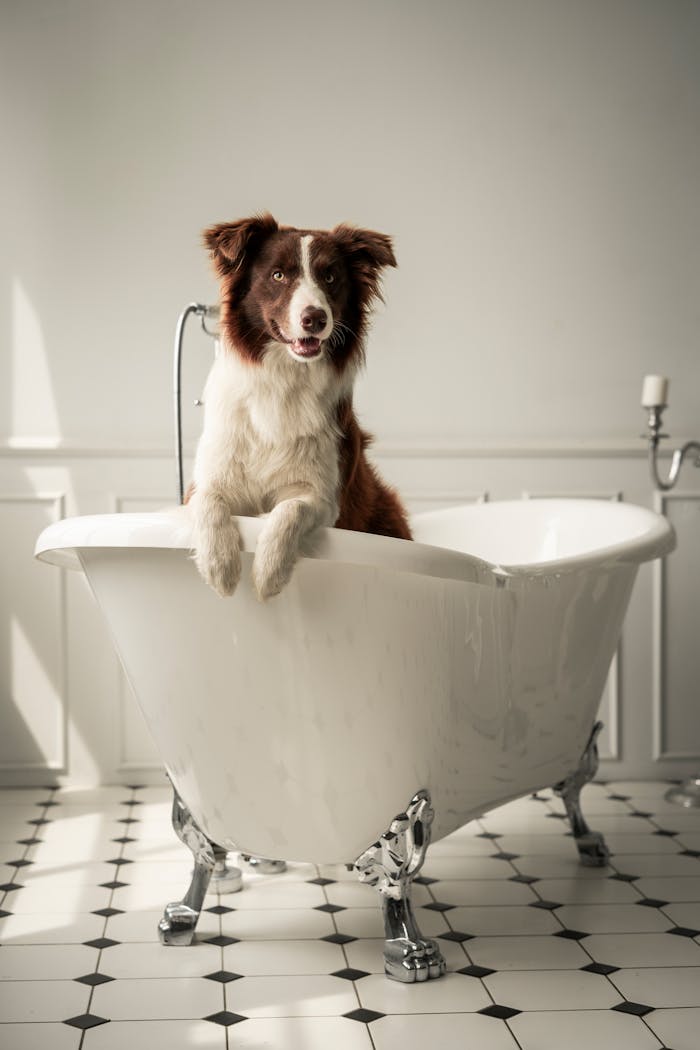services-02 Cute Border Collie playfully standing in an elegant white clawfoot bathtub.